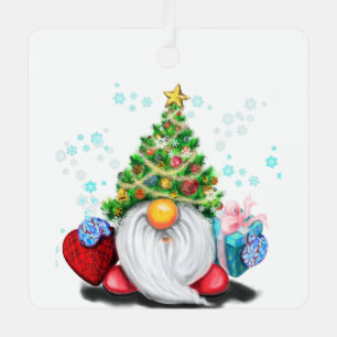 Cute Gnome with Christmas Tree Hat and Gift  Fun Metal Tree Decoration