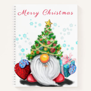 Cute Gnome with Christmas Tree Hat and Gift - Fun Notebook