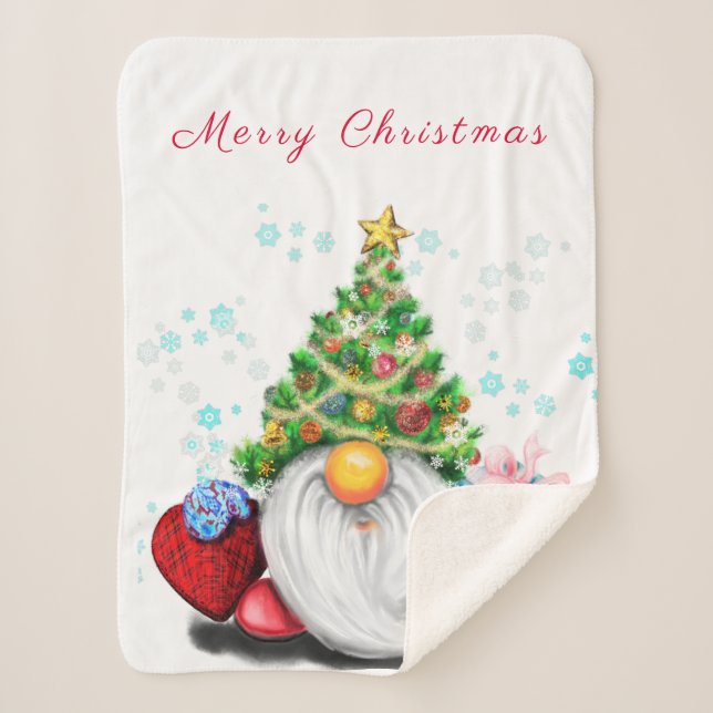Cute Gnome with Christmas Tree Hat and Gift - Fun  Sherpa Blanket (Front)