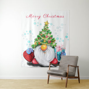 Cute Gnome with Christmas Tree Hat and Gift - Fun  Tapestry