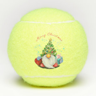 Cute Gnome with Christmas Tree Hat and Gift - Fun Tennis Balls
