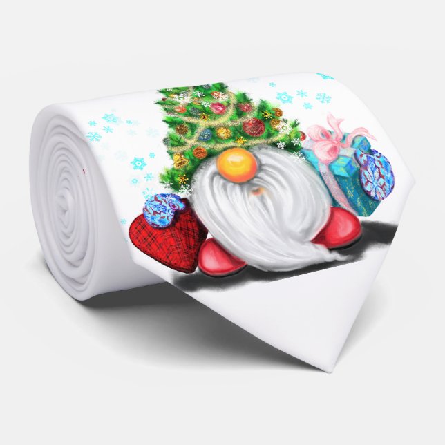 Cute Gnome with Christmas Tree Hat and Gift - Fun  Tie (Rolled)