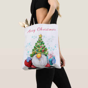 Cute Gnome with Christmas Tree Hat and Gift - Fun Tote Bag