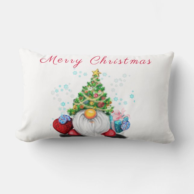 Cute Gnome with Christmas Tree Hat and Gift  Lumbar Cushion (Front)