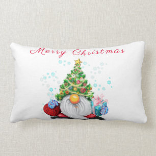 Cute Gnome with Christmas Tree Hat and Gift Lumbar Cushion