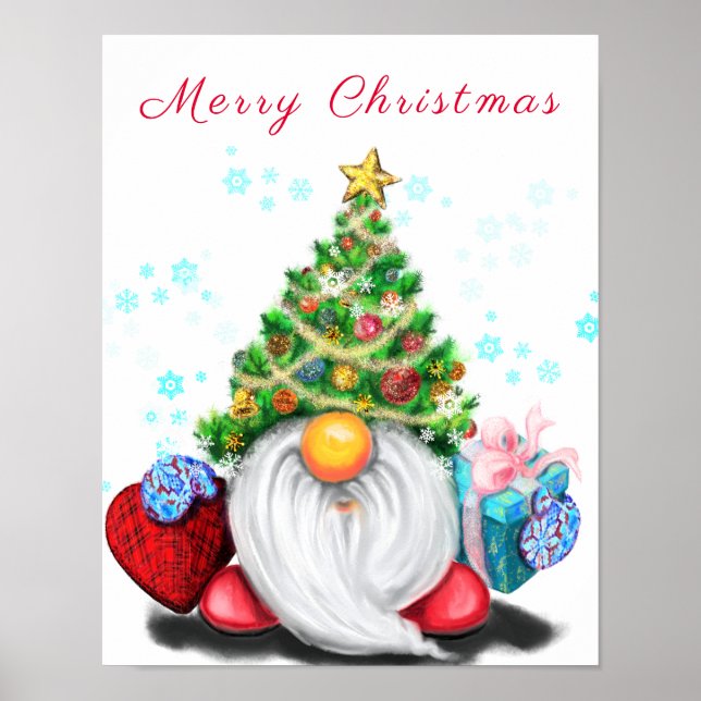 Cute Gnome with Christmas Tree Hat and Gift Poster (Front)