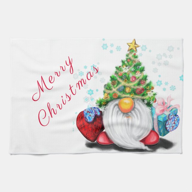 Cute Gnome with Christmas Tree Hat and Gift  Tea Towel (Horizontal)