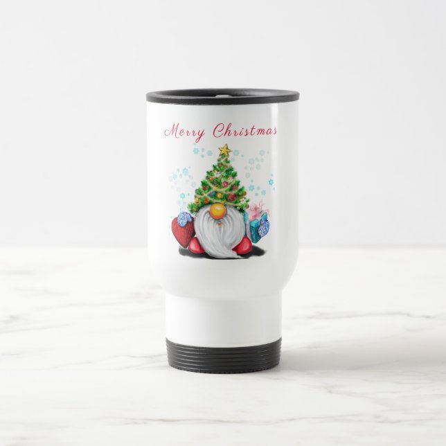 Cute Gnome with Christmas Tree Hat and Gift  Travel Mug (Center)