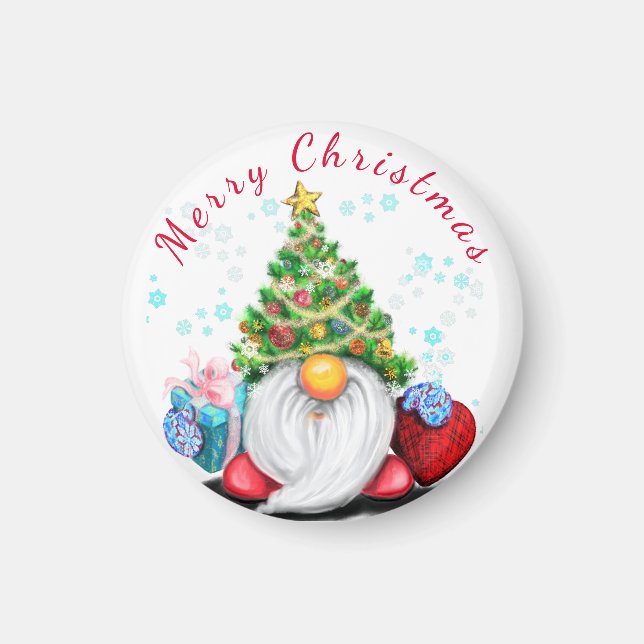 Cute Gnome with Gift Christmas Magnet (Front)