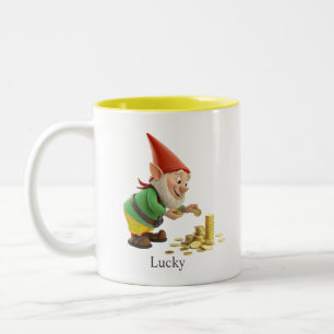 Cute Gnome with Gold Coins, Calligraphy & Monogram Two-Tone Coffee Mug