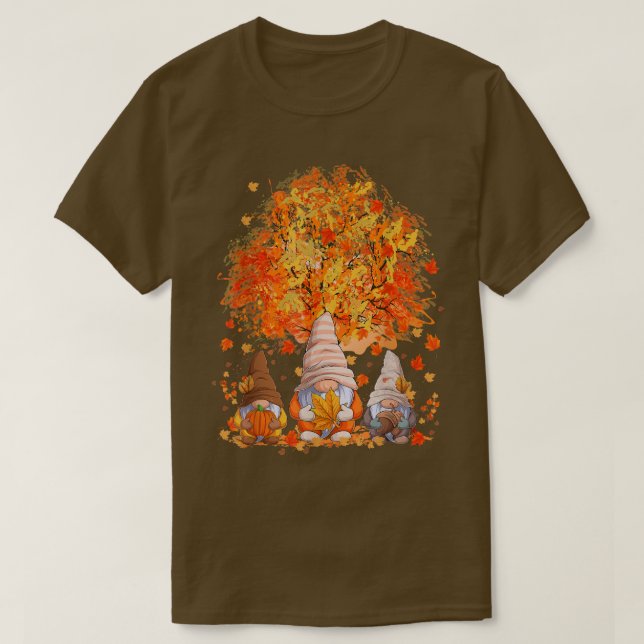 Cute Gnomes Autumn Fall Tree Thanksiving Pumpkin W T-Shirt (Design Front)