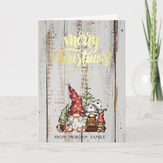 Cute Gnomes Family Wood Merry Christmas Holiday Card (Front)