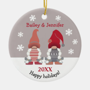 Cute Gnomes Happy Holidays Nordic Red Pink Grey Ceramic Tree Decoration