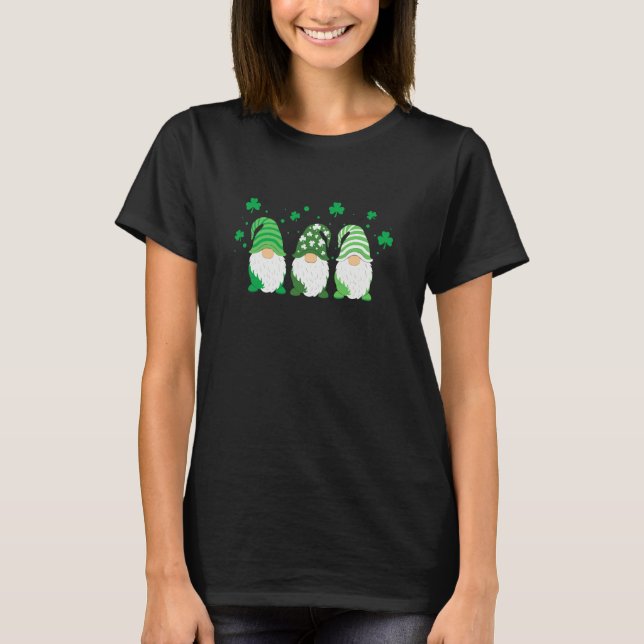 Cute Gnomes Holding Shamrock Leopard Plaid St Patr T-Shirt (Front)
