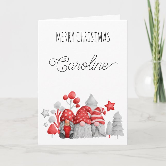 Cute Gnomes Merry Christmas Name Folded Holiday Card (Front)