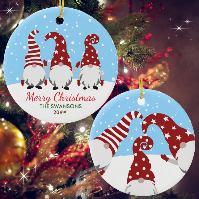 Cute Gnomes Merry Christmas Personalised Ceramic Tree Decoration (Available in multiple shapes and types of ornaments. Customize with name & year. Merry Christmas!)