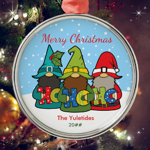 Cute Gnomes Merry Christmas Personalised Metal Tree Decoration