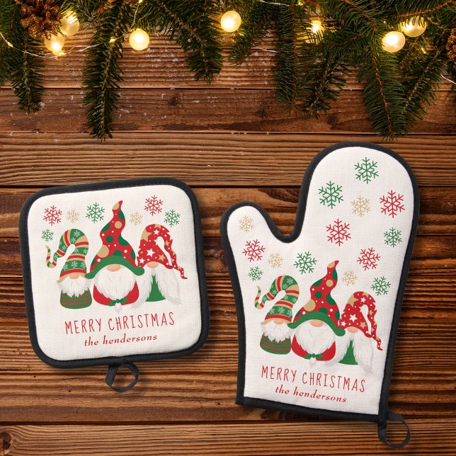 Cute Gnomes Merry Christmas Personalised Oven Mitt & Pot Holder Set (Creator Uploaded)