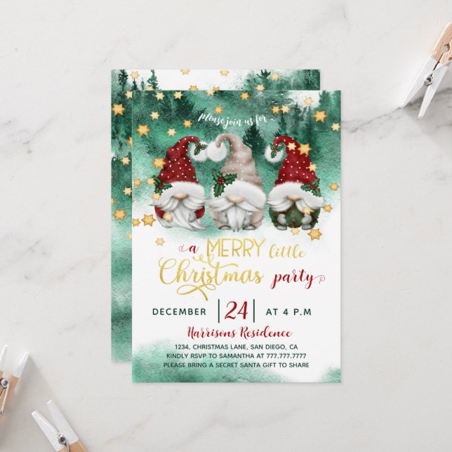 Cute Gnomes Merry Little Christmas Party Invitation (Front/Back In Situ)