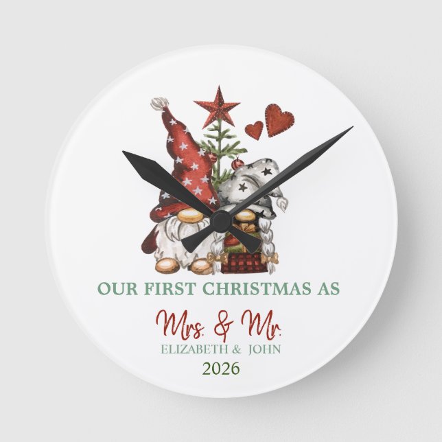 Cute Gnomes Pine Tree Our First Christmas  Round Clock (Front)
