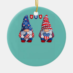 Cute gnomes USA American Flag Patriotic 4th of Ceramic Tree Decoration