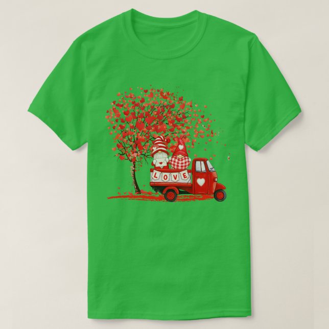 Cute Gnomes Valentines Day Red Truck Hearts T-Shirt (Design Front)