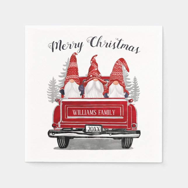 Cute Gnomes Vintage Red Truck Merry Christmas Napkin (Front)