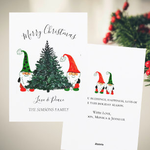 Cute Gnomes Watercolor Merry Christmas Tree Holiday Card
