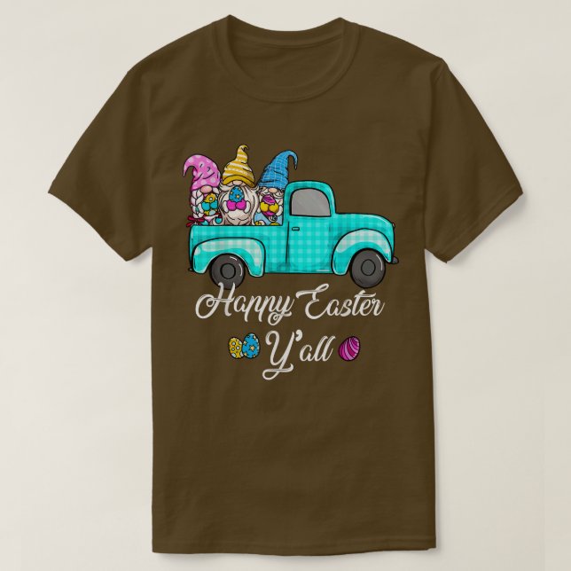 Cute Gnomes With Bunny Ears Egg Hunting Truck East T-Shirt (Design Front)