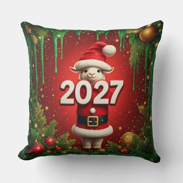 Cute Goat Christmas Design in Santa Hat Cushion (Front)