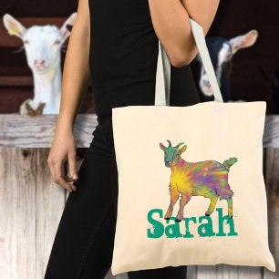 Cute Goat Colorful Farm Animal Art add Name Tote Bag