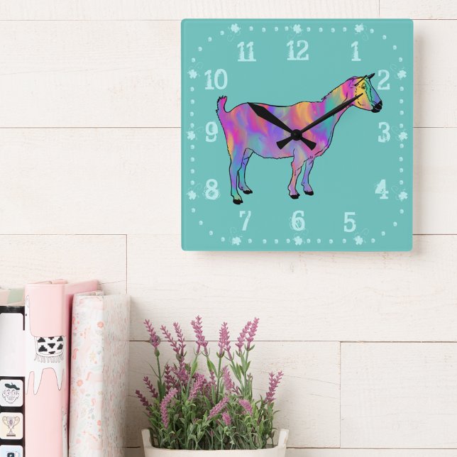 Cute Goat Colourful Animal Art Square Wall Clock (Cute goat colorful animal art wall clock watercolor swash pink purple yellow teal green)