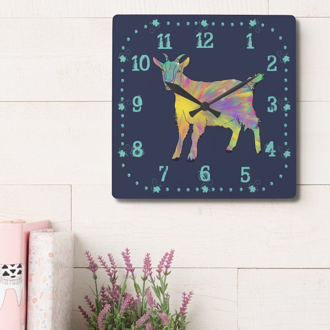 Cute Goat Colourful Farm Animal Art Square Wall Clock (Cute goat colorful farm animal art navy blue wall clock for animal lovers)