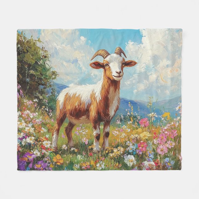 Cute Goat Colourful Wildflower Meadow Fleece Blanket (Front (Horizontal))