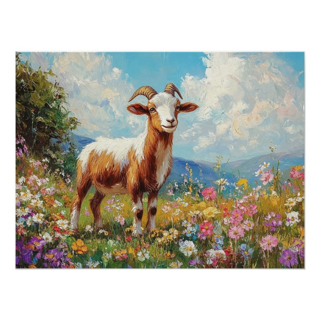 Cute Goat Colourful Wildflower Meadow Poster (Front)