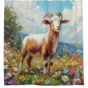 Cute Goat Colourful Wildflower Meadow Shower Curtain