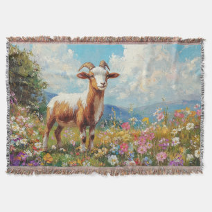 Cute Goat Colourful Wildflower Meadow Throw Blanket