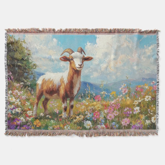 Cute Goat Colourful Wildflower Meadow Throw Blanket (Front)