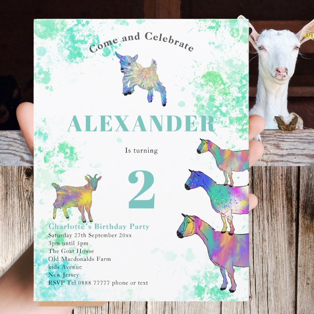 Cute Goat Farm Animal Art 2nd Birthday Party Invitation Postcard (Cute goat colorful farm animals watercolor 2nd birthday invitation )