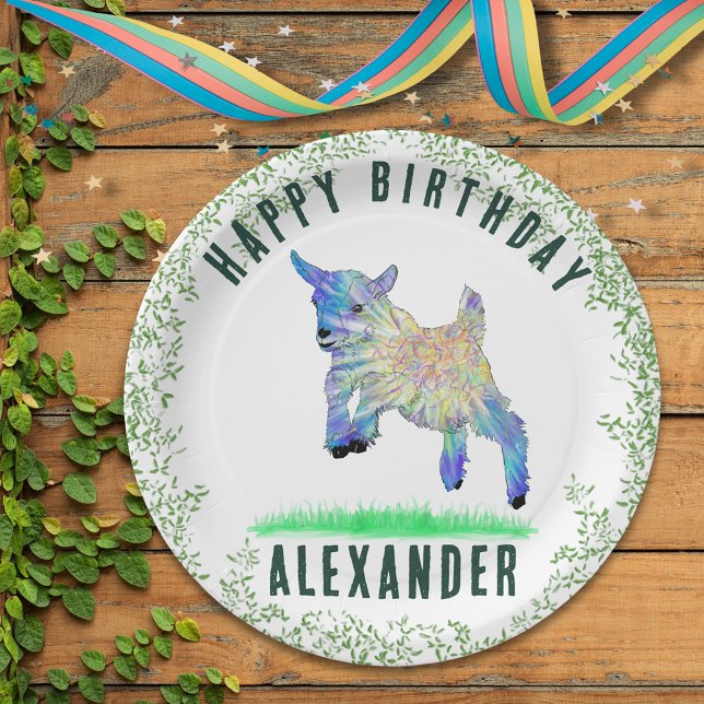 Cute Goat Happy Birthday Party Personalised Name Paper Plate (Cute goat themed personalized kids name birthday party paper plate with colorful jumping pigmy goat)