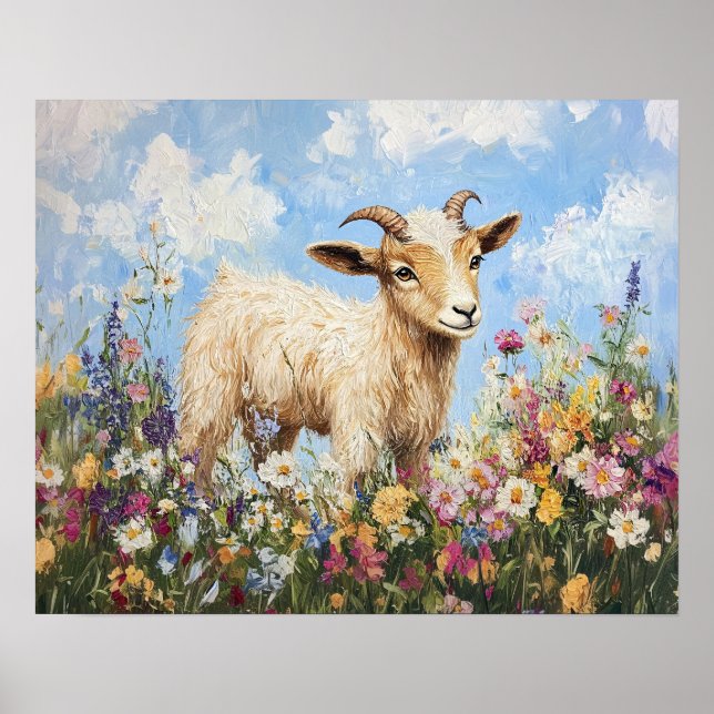 Cute Goat Surrounded By Wildflowers Poster (Front)