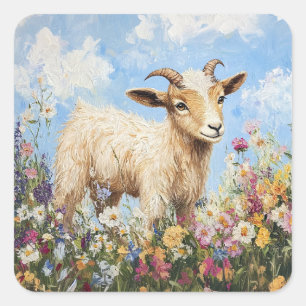 Cute Goat Surrounded By Wildflowers Square Sticker