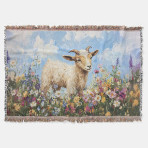 Cute Goat Surrounded By Wildflowers Throw Blanket