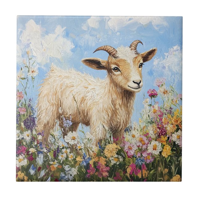 Cute Goat Surrounded By Wildflowers Tile (Front)