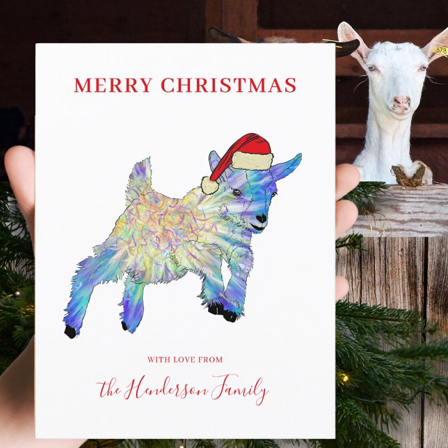 Cute Goat wearing a Santa hat  Holiday Postcard (Merry Christmas cute jumping goat wearing a Santa hat illustration custom holiday budget postcard)