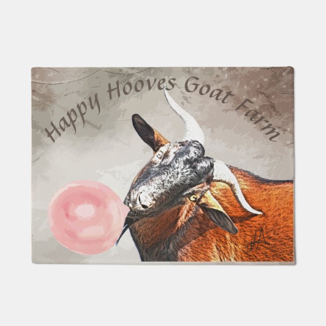Cute Goat with Bubblegum Welcome Mat YOUR TEXT (Front)