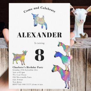 Cute Goats Colourful Farm Animal 8th Birthday Part Invitation