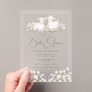 Cute Goats & Daisies Baby Shower Acrylic Invitations