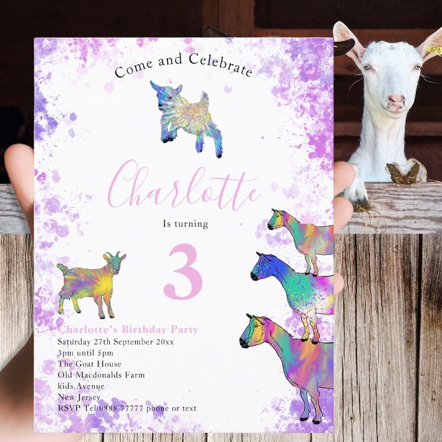 Cute Goats Farm Animal 3rd Birthday Party Invitation Postcard (Cute goats farm animal 3rd birthday party budget invitation postcard colorful watercolor animal art)