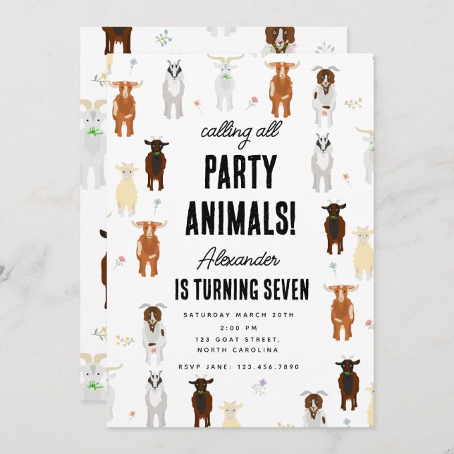 Cute Goats Farm Party Animals Goat Birthday Theme Invitation (Front/Back)